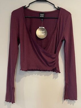 NWT Long-Sleeve Ribbed Wrap Crop Top in Plum Size Medium